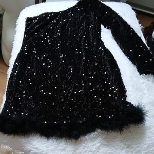 Whimsigoth Dark Black Sequin Feather Trim One-Shoulder‎ Midi Party Prom Dress